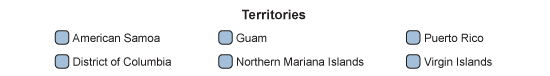 Territories: American Samoa, Guam, Northern Mariana Islands, Puerto Rico, Virgin Islands, District of Columbia